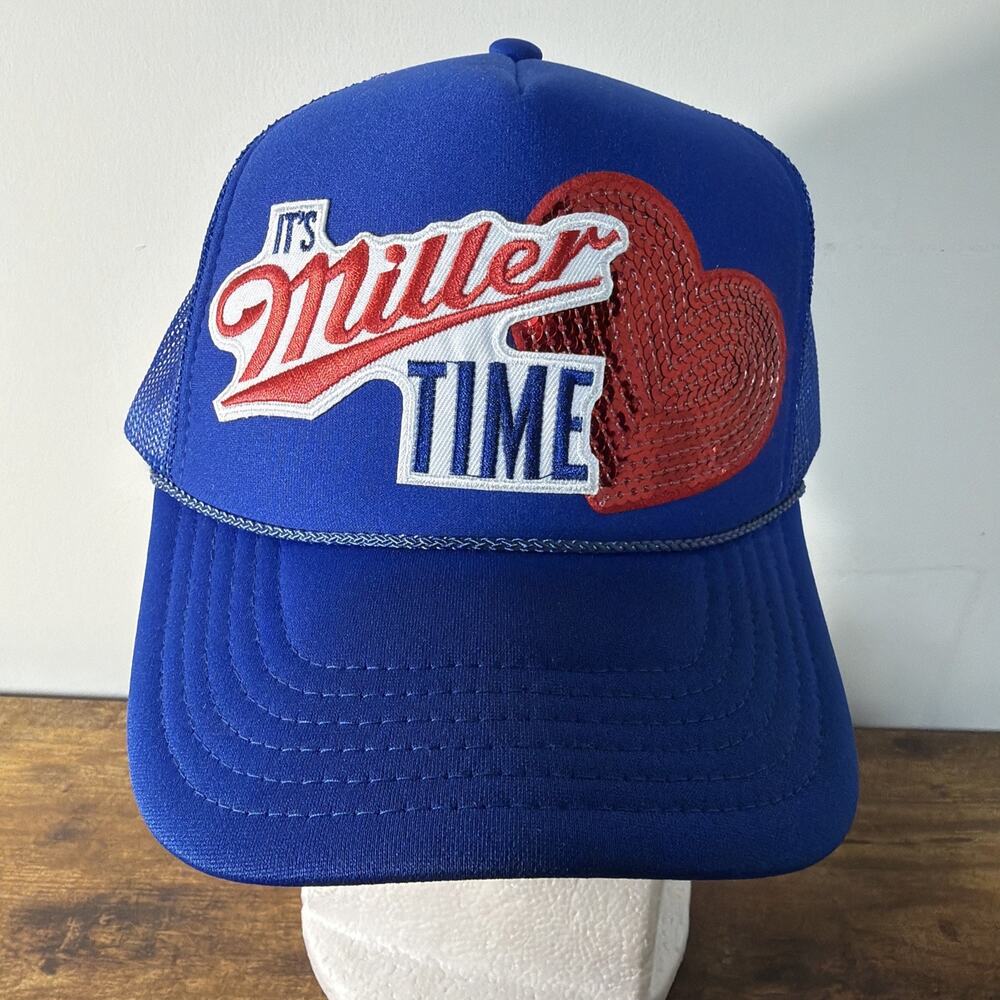 It's Miller Time Patch Bling Heart Blue Trucker SnapBack Rope Hat Cap Sweatband
